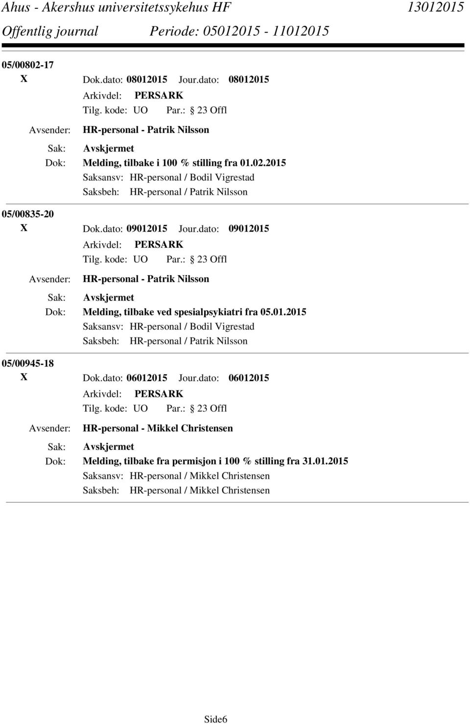 dato: 06012015 Jour.dato: 06012015 HR-personal - Mikkel Christensen Melding, tilbake fra permisjon i 100 % stilling fra 31.01.2015 Saksansv: HR-personal / Mikkel Christensen Saksbeh: HR-personal / Mikkel Christensen Side6