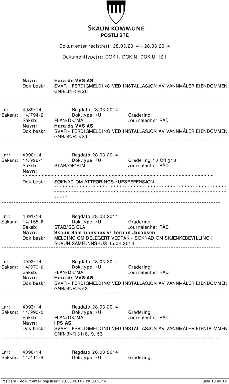 ************************************************************* ***** Lnr: 4091/14 Regdato:28.03.2014 Saksnr: 14/155-6 Dok.