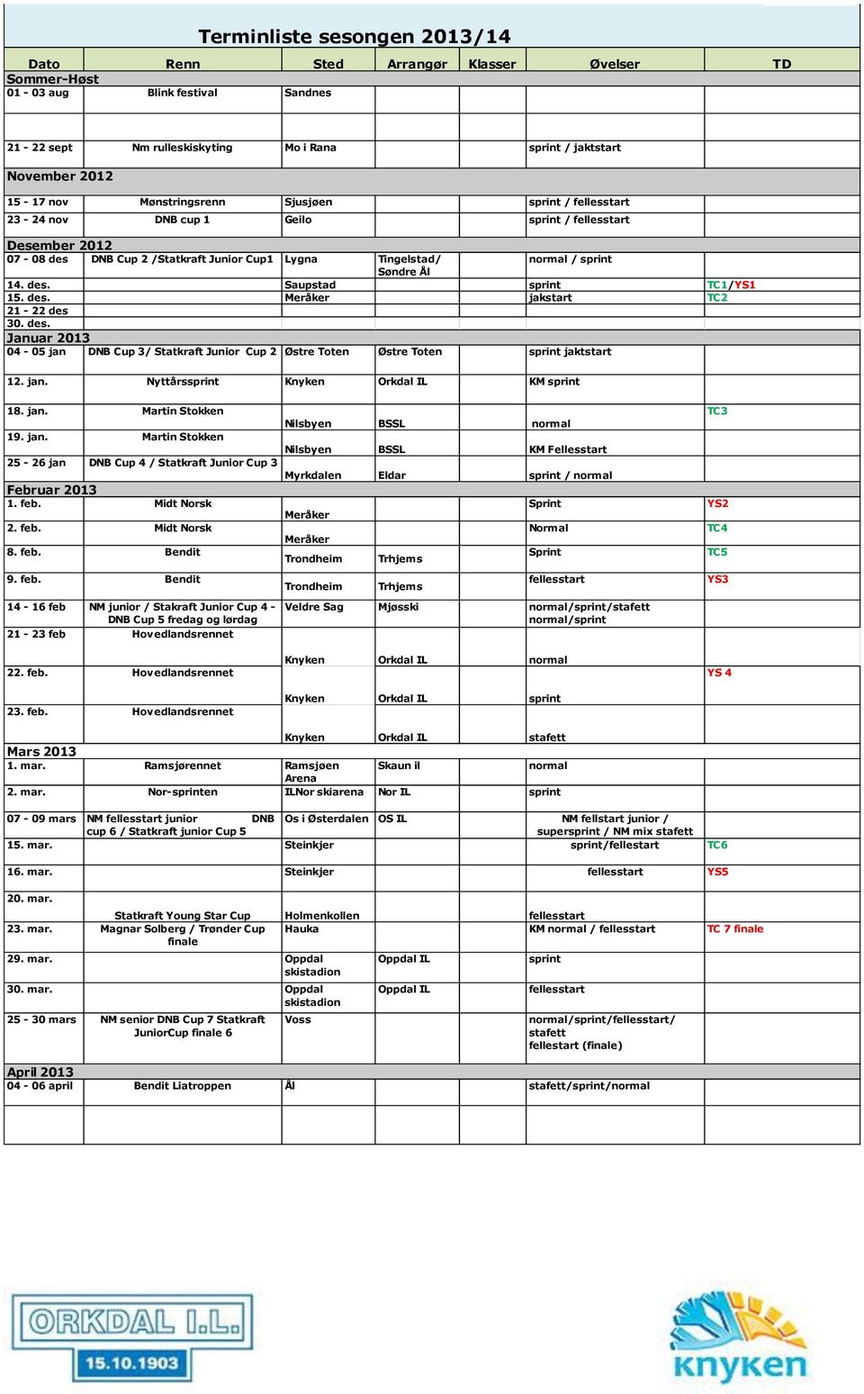 des. Saupstad sprint TC1/YS1 15. des. Meråker jakstart TC2 21-22 des 30. des. Januar 2013 04-05 jan DNB Cup 3/ Statkraft Junior Cup 2 Østre Toten Østre Toten sprint jaktstart 12. jan. Nyttårssprint Knyken Orkdal IL KM sprint 18.