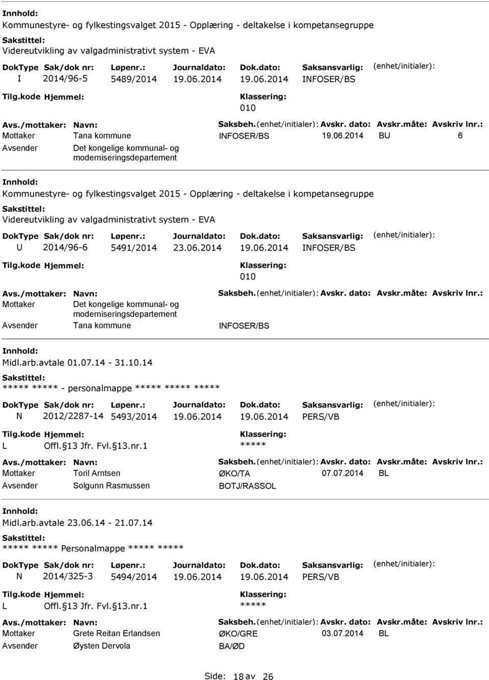 2014/96-6 5491/2014 23.06.2014 FOSER/BS 010 Mottaker Det kongelige kommunal- og moderniseringsdepartement Avsender Tana kommune FOSER/BS Midl.arb.avtale 01.07.14-31.10.14 - personalmappe 2012/2287-14 5493/2014 07.