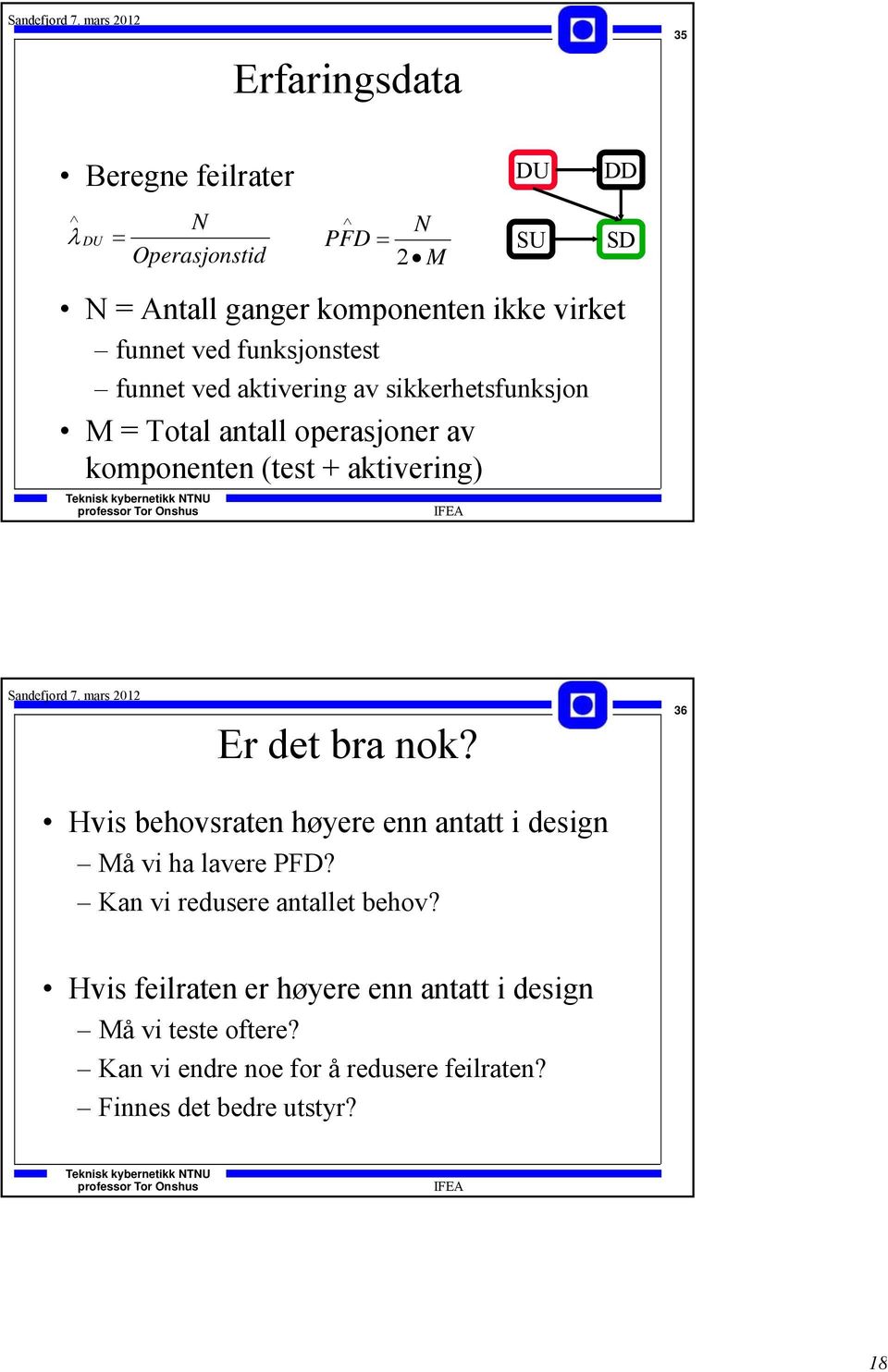 DD SD Er det bra nok? 36 Hvis behovsraten høyere enn antatt i design Må vi ha lavere PFD? Kan vi redusere antallet behov?