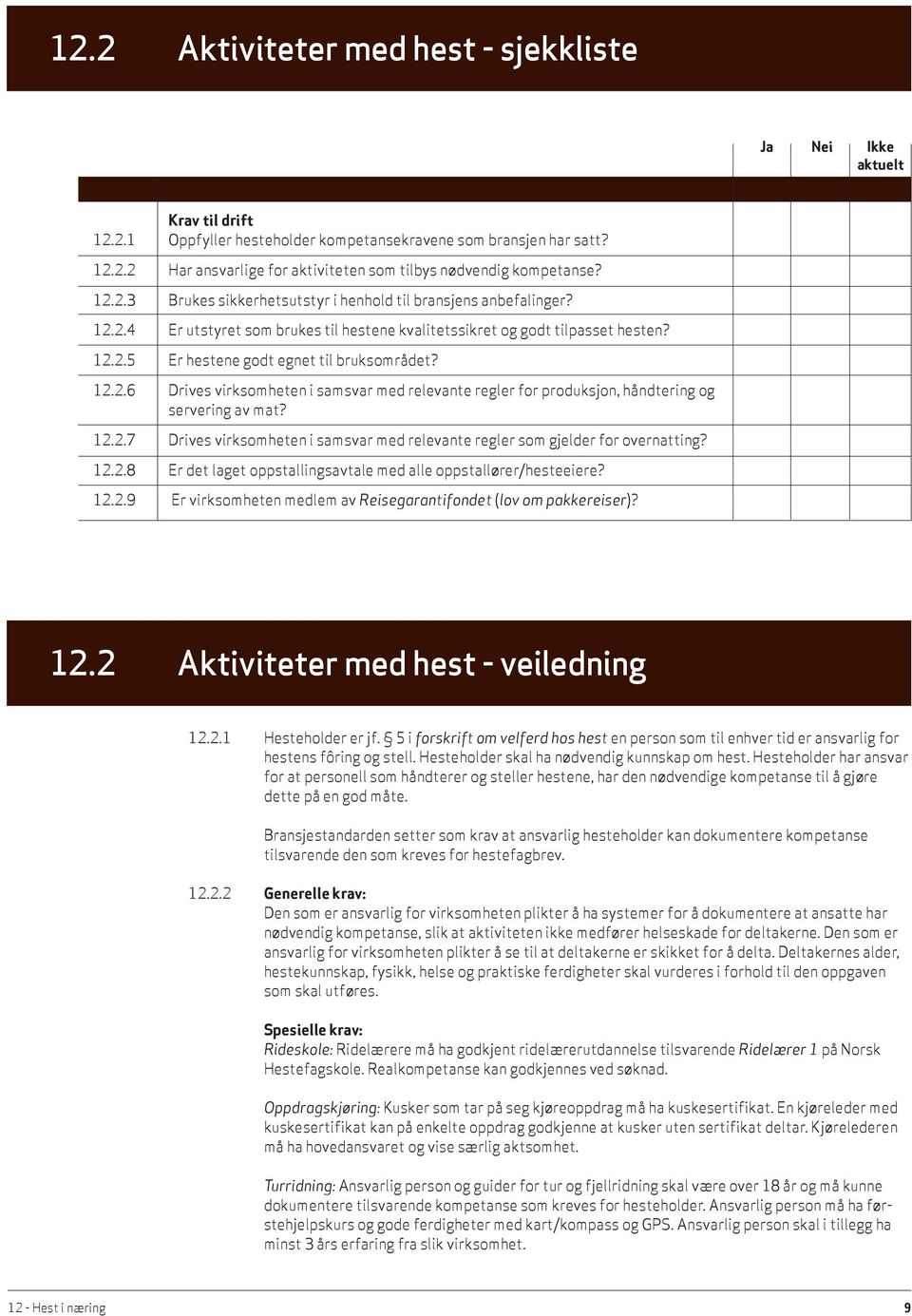 12.2.6 Drives virksomheten i samsvar med relevante regler for produksjon, håndtering og servering av mat? 12.2.7 Drives virksomheten i samsvar med relevante regler som gjelder for overnatting? 12.2.8 Er det laget oppstallingsavtale med alle oppstallører/hesteeiere?