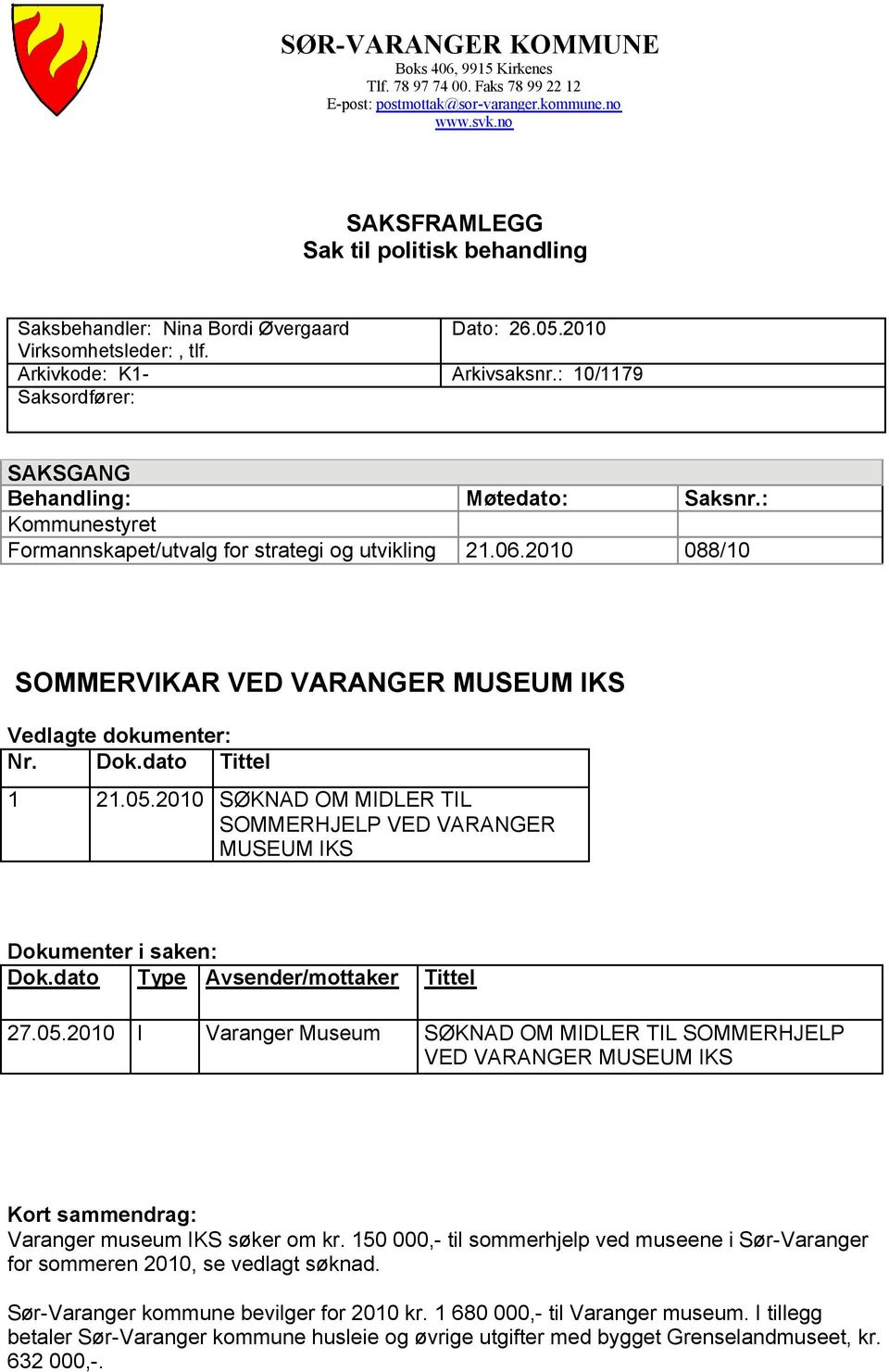 : 10/1179 Saksordfører: SAKSGANG Behandling: Møtedato: Saksnr.: Kommunestyret Formannskapet/utvalg for strategi og utvikling 21.06.