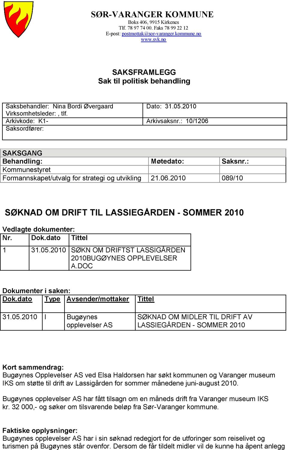 : 10/1206 Saksordfører: SAKSGANG Behandling: Møtedato: Saksnr.: Kommunestyret Formannskapet/utvalg for strategi og utvikling 21.06.2010 089/10 SØKNAD OM DRIFT TIL LASSIEGÅRDEN - SOMMER 2010 Vedlagte dokumenter: Nr.