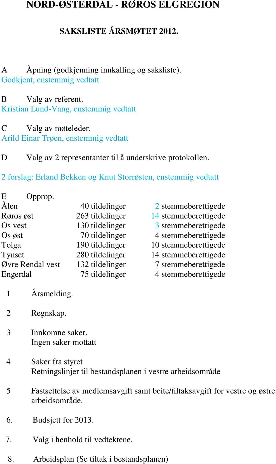 2 forslag: Erland Bekken og Knut Storrøsten, enstemmig vedtatt E Opprop.