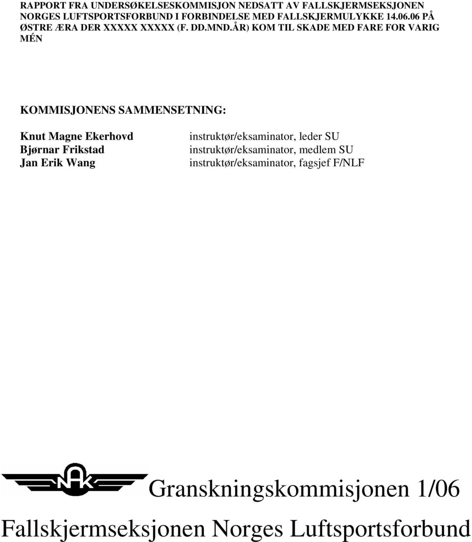 ÅR) KOM TIL SKADE MED FARE FOR VARIG MÉN KOMMISJONENS SAMMENSETNING: Knut Magne Ekerhovd Bjørnar Frikstad Jan Erik