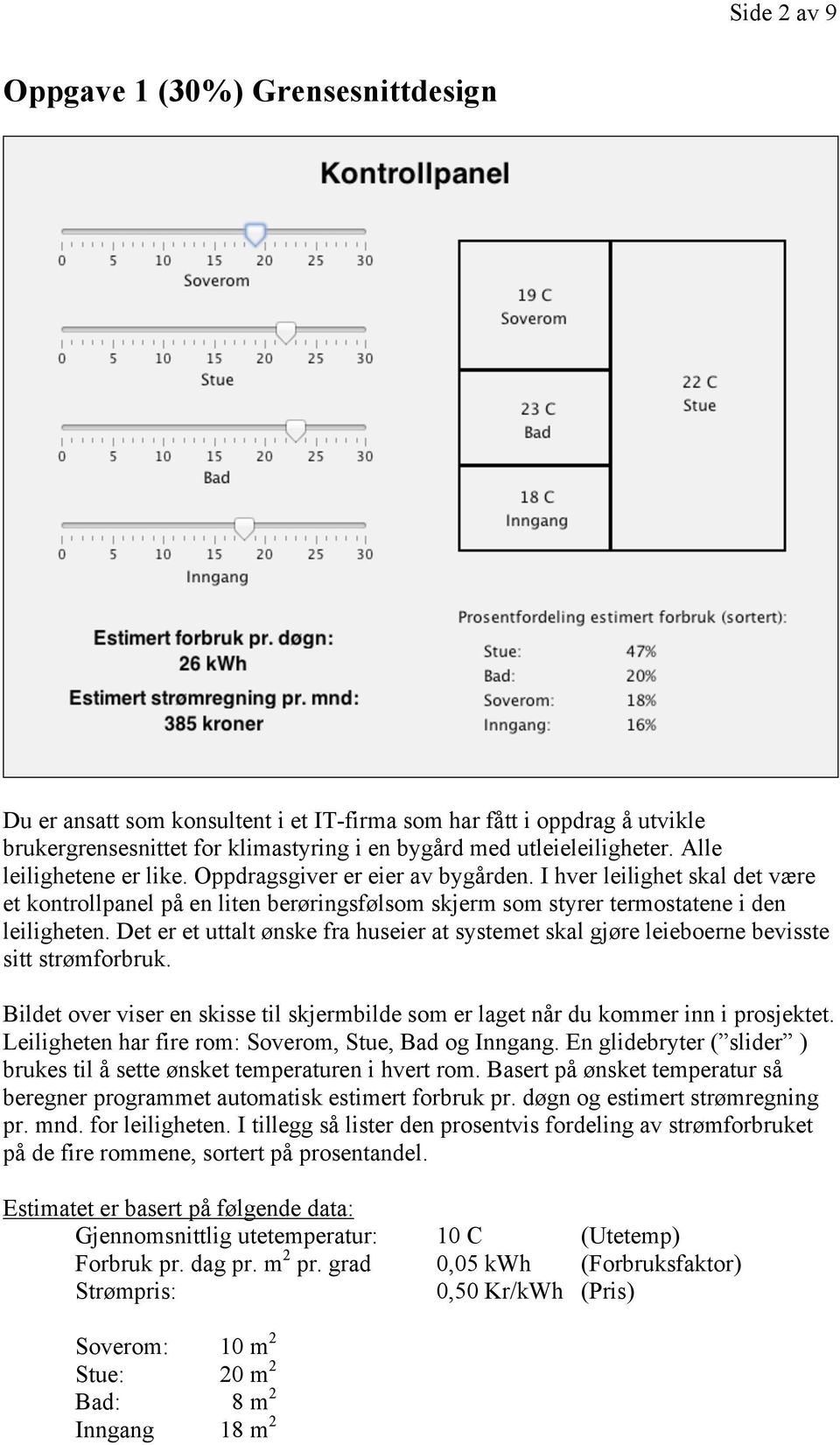 Det er et uttalt ønske fra huseier at systemet skal gjøre leieboerne bevisste sitt strømforbruk. Bildet over viser en skisse til skjermbilde som er laget når du kommer inn i prosjektet.