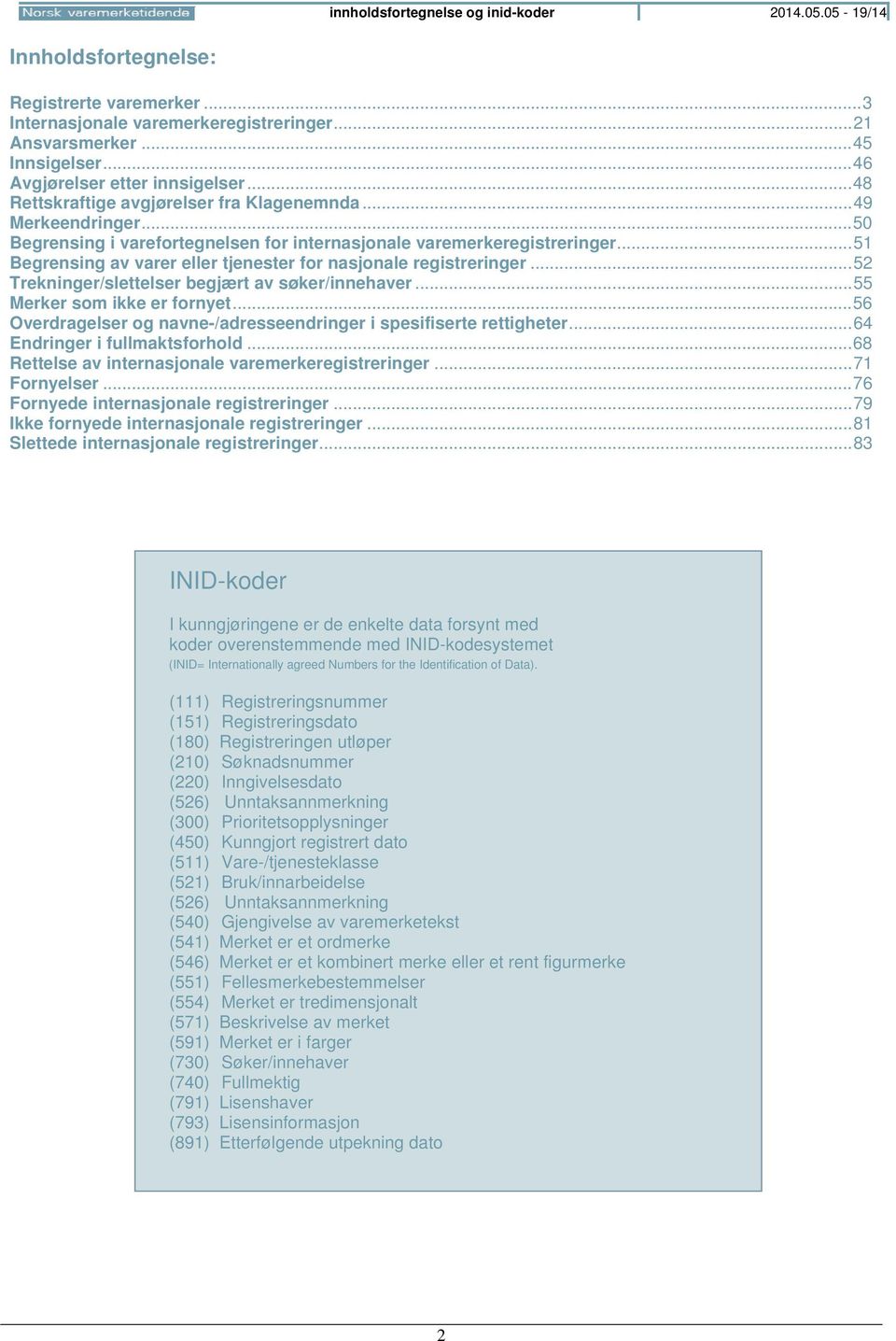 .. 51 Begrensing av varer eller tjenester for nasjonale registreringer... 52 Trekninger/slettelser begjært av søker/innehaver... 55 Merker som ikke er fornyet.