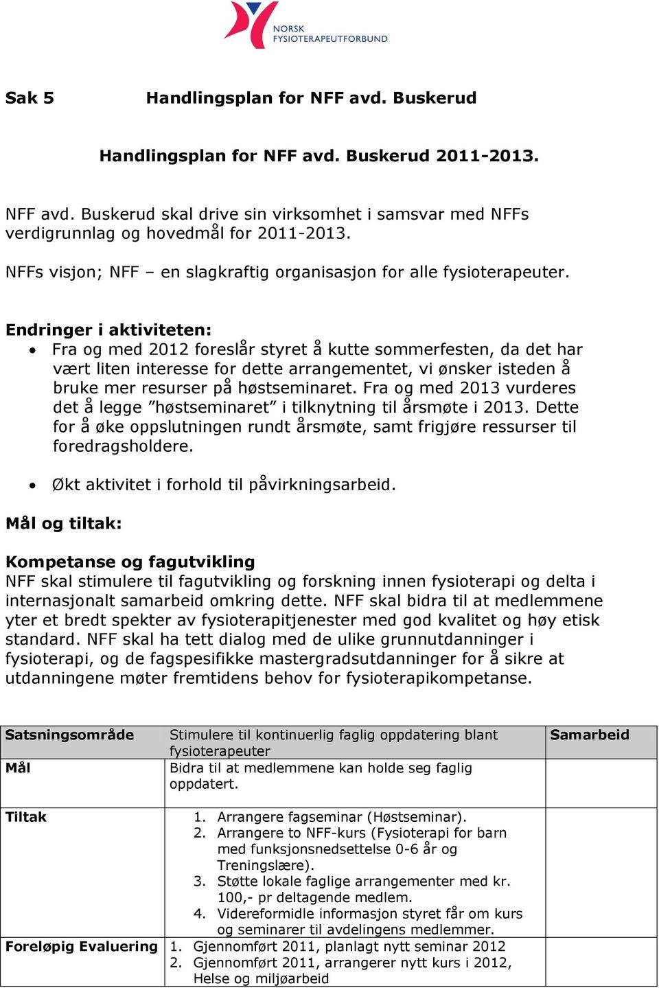 Endringer i aktiviteten: Fra og med 2012 foreslår styret å kutte sommerfesten, da det har vært liten interesse for dette arrangementet, vi ønsker isteden å bruke mer resurser på høstseminaret.