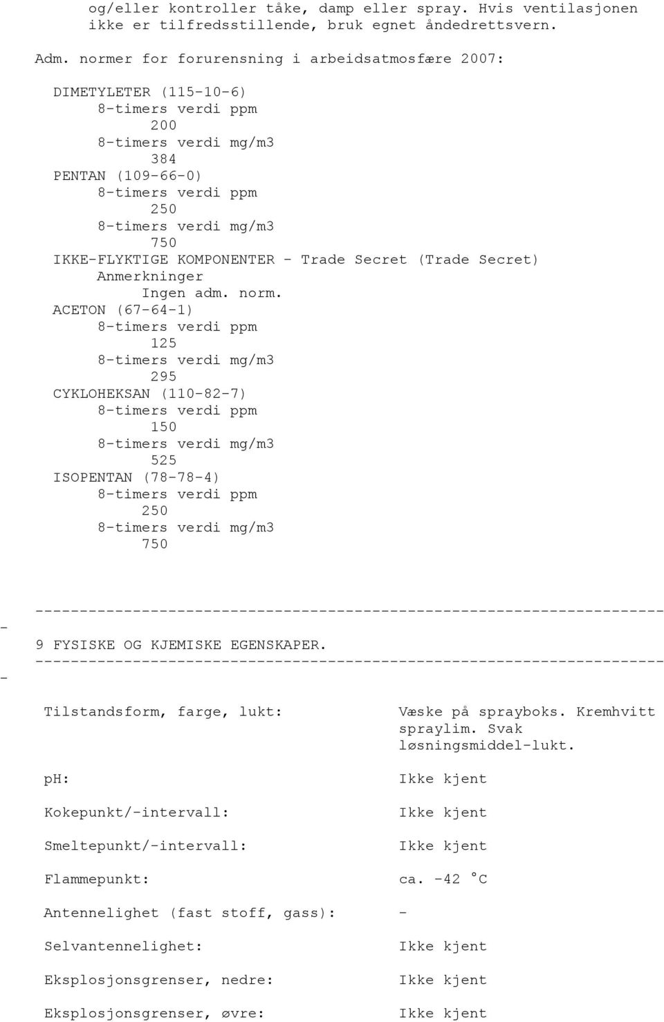 KOMPONENTER Trade Secret (Trade Secret) Anmerkninger Ingen adm. norm.