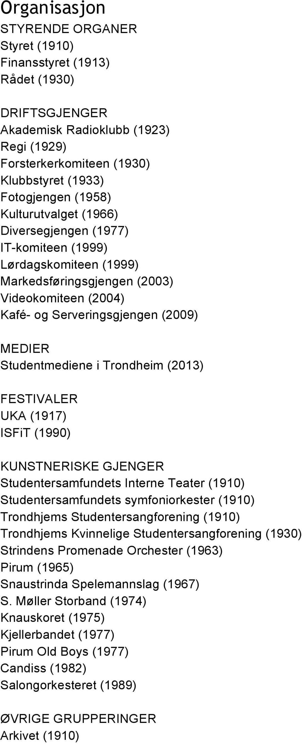Trondheim (2013) FESTIVALER UKA (1917) ISFiT (1990) KUNSTNERISKE GJENGER Studentersamfundets Interne Teater (1910) Studentersamfundets symfoniorkester (1910) Trondhjems Studentersangforening (1910)