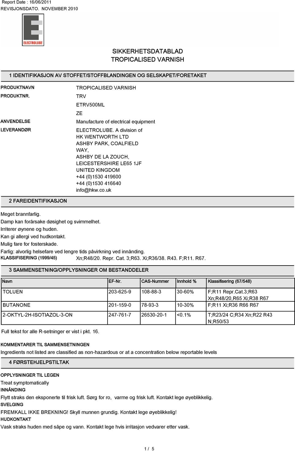 uk 2 FAREIDENTIFIKASJON Irriterer øynene og huden. Farlig: alvorlig helsefare ved lengre tids påvirkning ved innånding. KLASSIFISERING (1999/45) Xn;R48/20. Repr. Cat. ;R6. Xi;R6/8. R4. F;R11. R67.