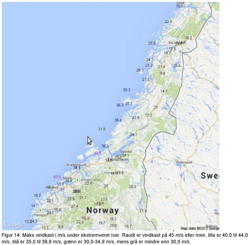 er 40,0 til 44,0 m/s, blå er 35,0 til 39,9 m/s,