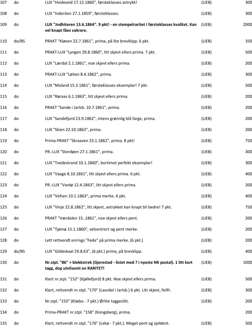 7 pkt. (LIEB) 112 do LUX "Lærdal 2.1.1861", noe skjevt ellers prima. (LIEB) 113 do PRAKT LUX "Løiten 8.4.1862", prima. (LIEB) 114 do LUX "Moland 15.3.1861", førsteklasses eksemplar! 7 pkt.