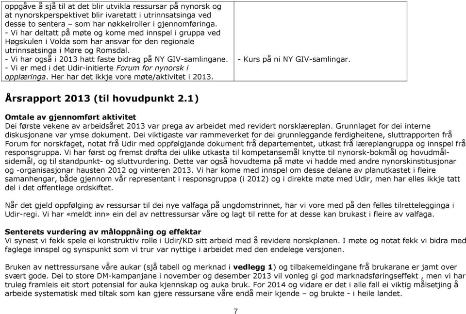 - Vi har også i 2013 hatt faste bidrag på NY GIV-samlingane. - Vi er med i det Udir-initierte Forum for nynorsk i opplæringa. Her har det ikkje vore møte/aktivitet i 2013.