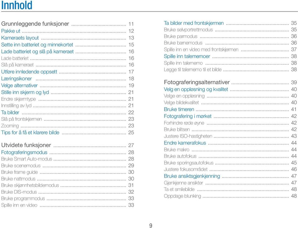 .. 23 Zooming... 23 Tips for å få et klarere bilde... 25 Utvidete funksjoner... 27 Fotograferingsmodus... 28 Bruke Smart Auto-modus... 28 Bruke scenemodus... 29 Bruke frame guide... 30 Bruke nattmodus.