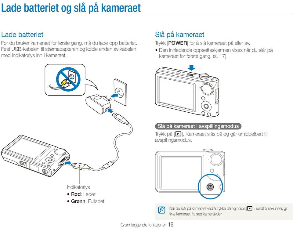 Den innledende oppsettsskjermen vises når du slår på kameraet for første gang. (s. 17) Slå på kameraet i avspillingsmodus Trykk på [P].