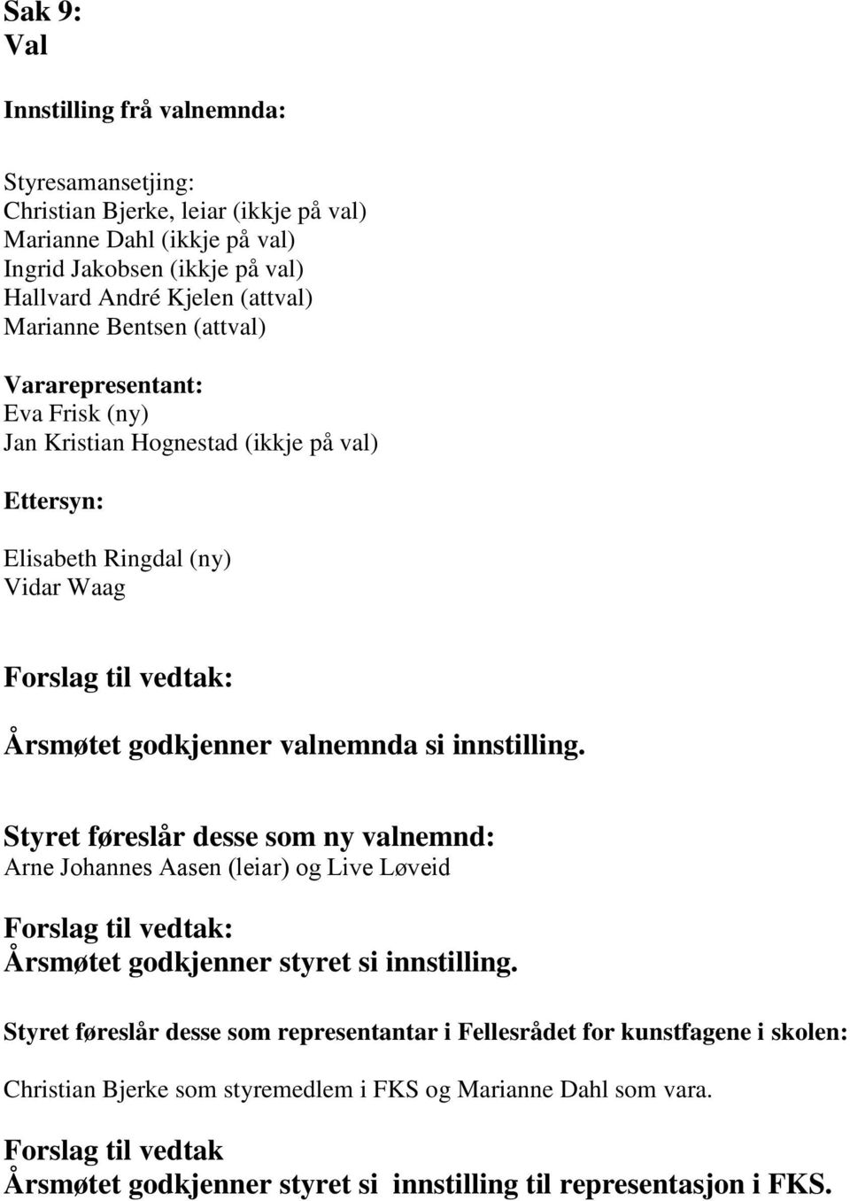 si innstilling. Styret føreslår desse som ny valnemnd: Arne Johannes Aasen (leiar) og Live Løveid Forslag til vedtak: Årsmøtet godkjenner styret si innstilling.