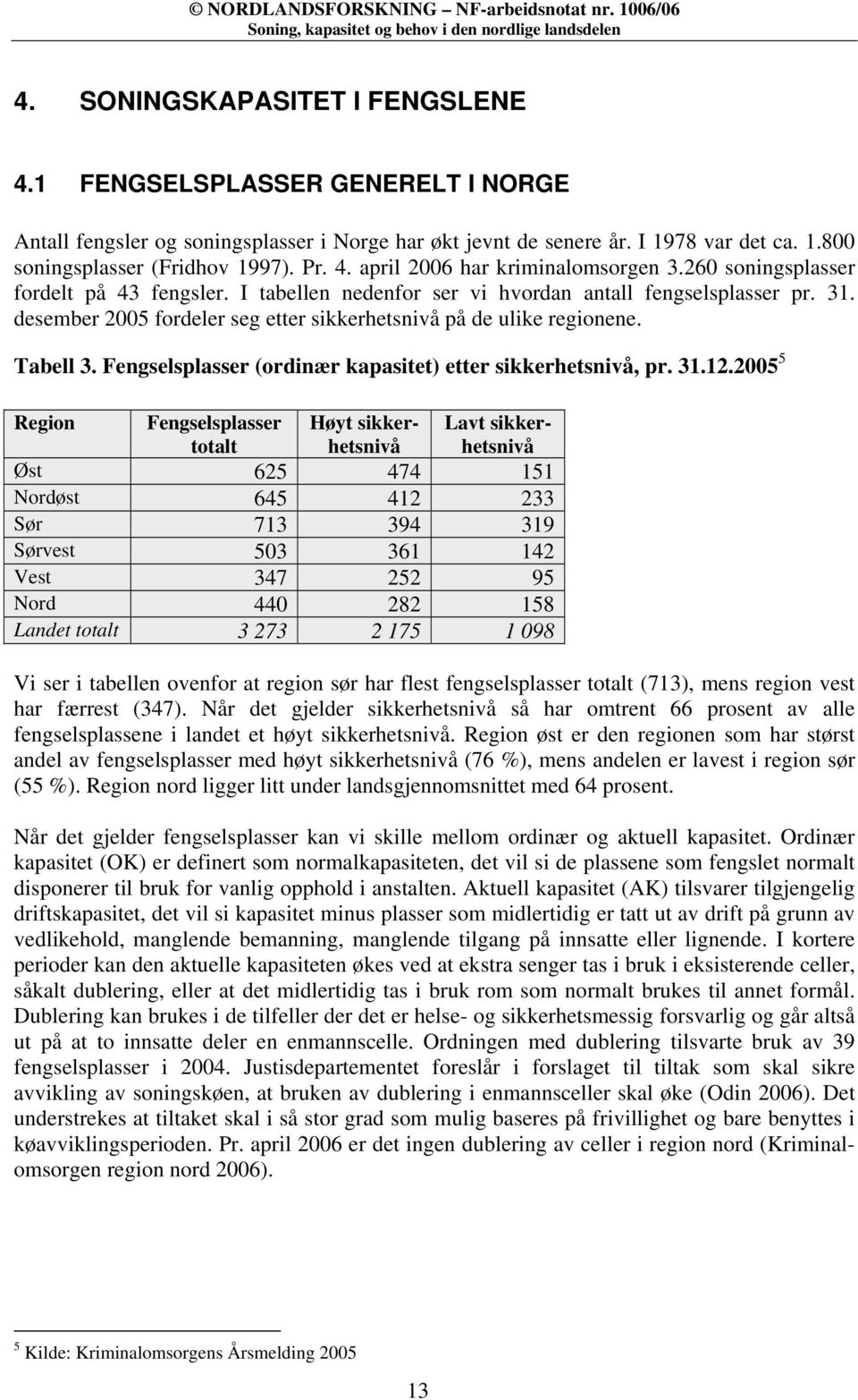 desember 2005 fordeler seg etter sikkerhetsnivå på de ulike regionene. Tabell 3. Fengselsplasser (ordinær kapasitet) etter sikkerhetsnivå, pr. 31.12.