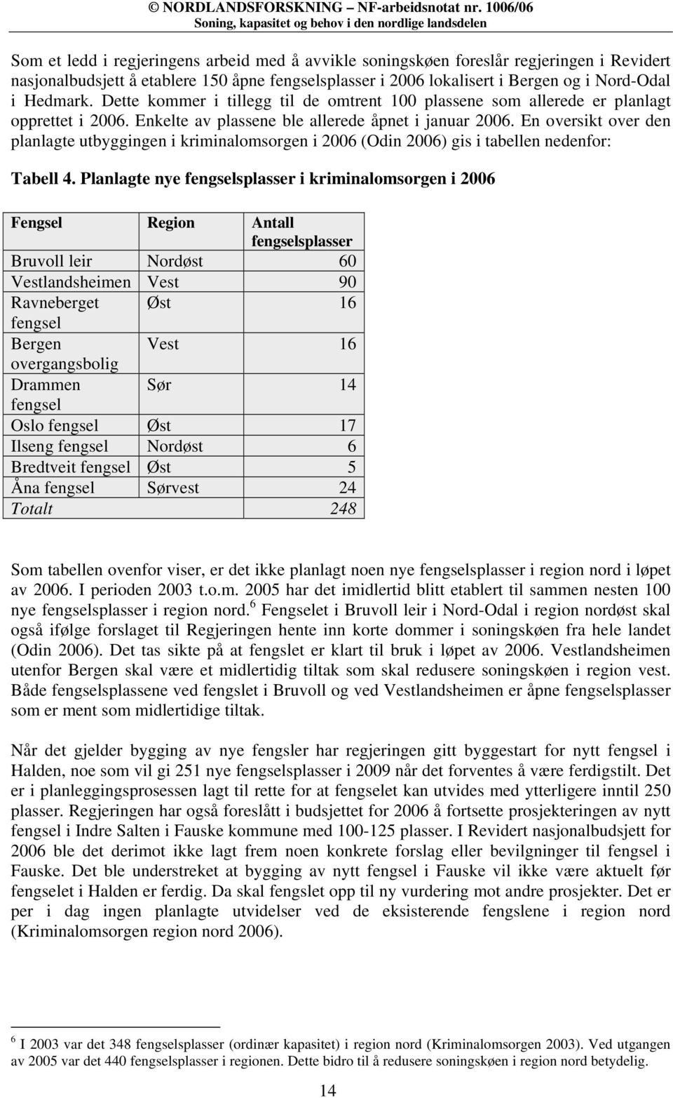 En oversikt over den planlagte utbyggingen i kriminalomsorgen i 2006 (Odin 2006) gis i tabellen nedenfor: Tabell 4.