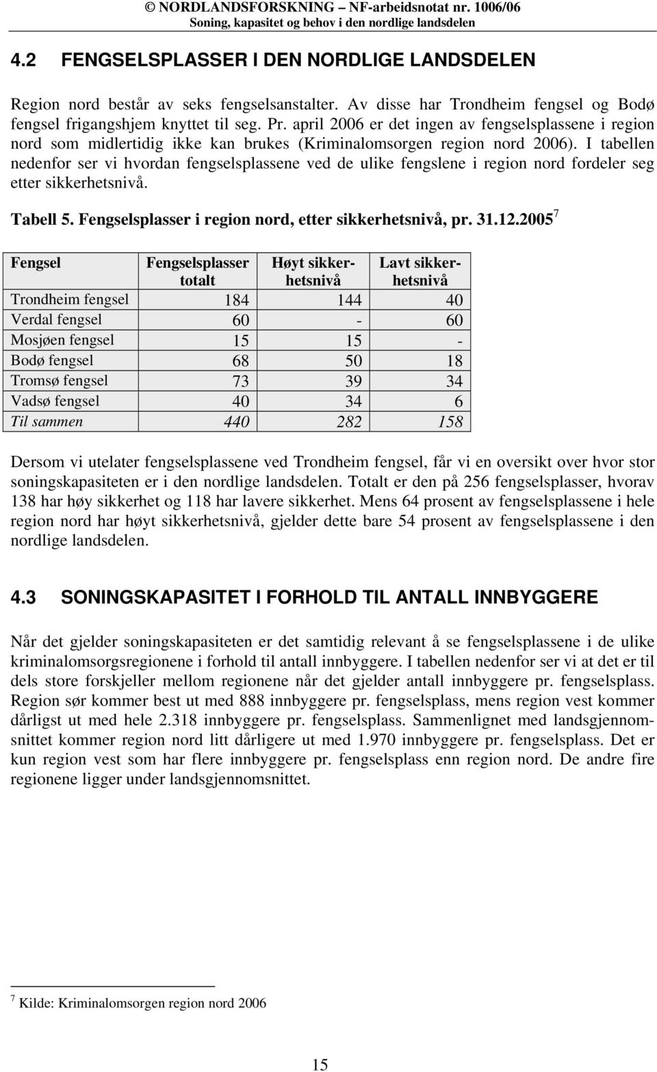 I tabellen nedenfor ser vi hvordan fengselsplassene ved de ulike fengslene i region nord fordeler seg etter sikkerhetsnivå. Tabell 5. Fengselsplasser i region nord, etter sikkerhetsnivå, pr. 31.12.