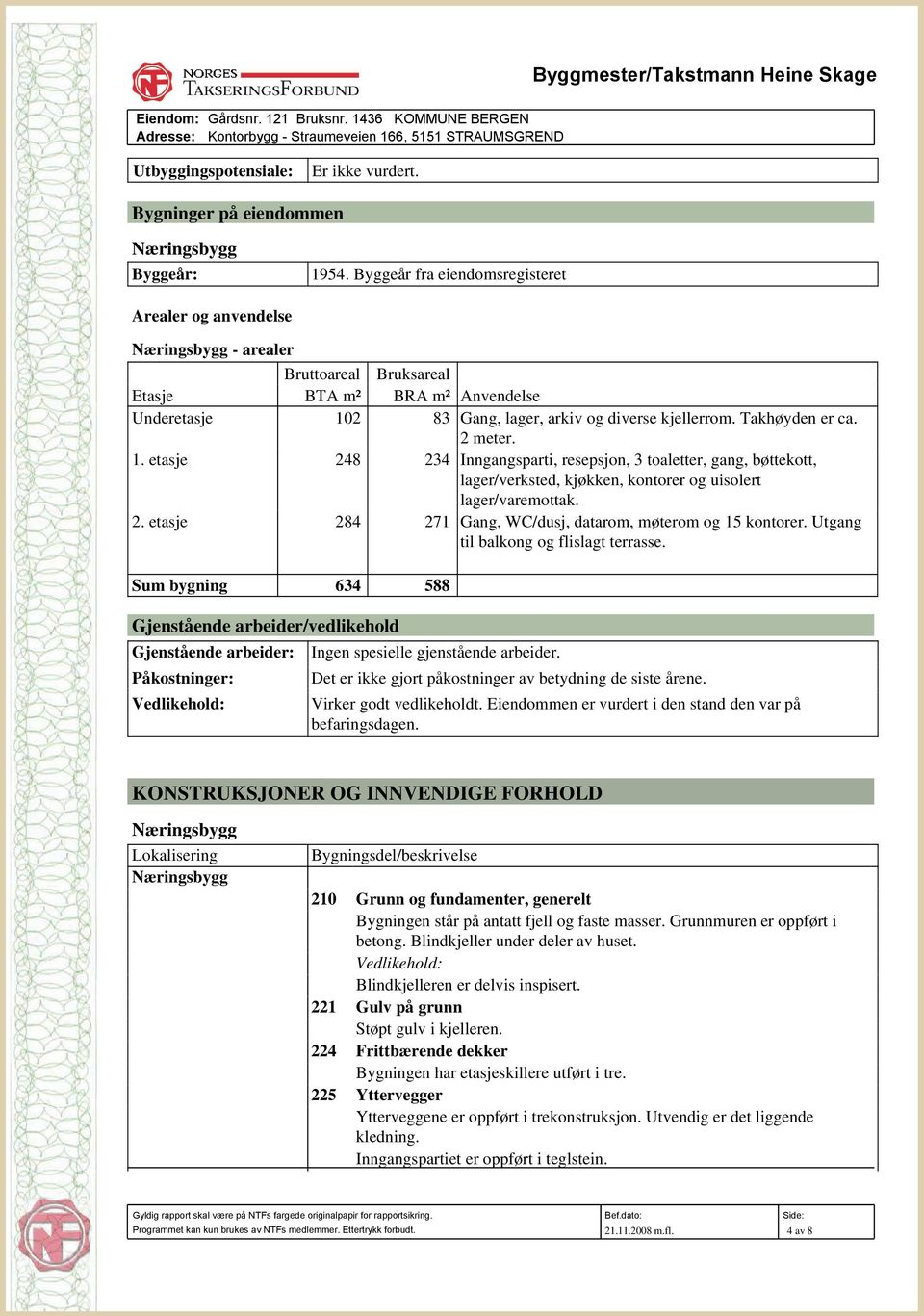 Byggeår fra eiendomsregisteret Arealer og anvendelse Næringsbygg - arealer Bruttoareal Bruksareal Etasje BTA m² BRA m² Anvendelse Underetasje 102 83 Gang, lager, arkiv og diverse kjellerrom.