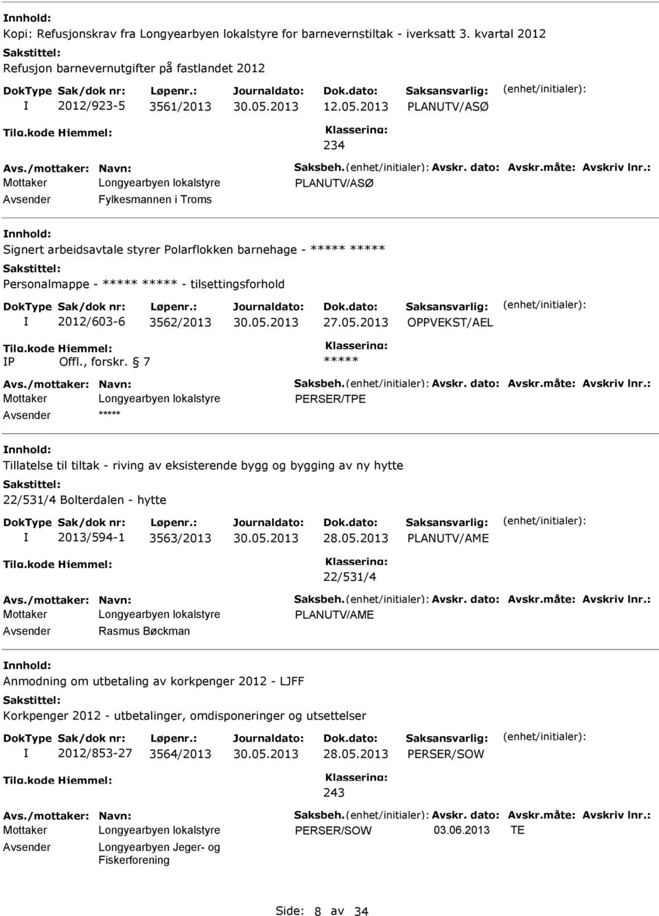 2013 OPPVEKST/AEL P Avs./mottaker: Navn: Saksbeh. Avskr. dato: Avskr.måte: Avskriv lnr.