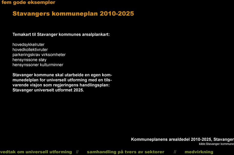 kommunedelplan for universell utforming med en tilsvarende visjon som regjeringens handlingsplan: Stavanger universelt utformet 2025.