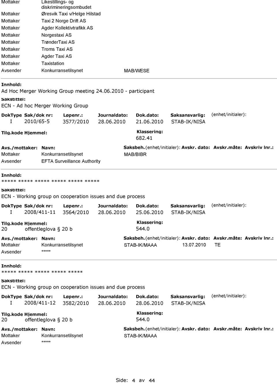 41 Konkurransetilsynet MAB/BBR Avsender EFTA Surveillance Authority ECN - Working group on cooperation issues and due process 2008/411-11 3564/2010 25.06.2010 STAB-K/NSA 20 offentleglova 20 b 544.