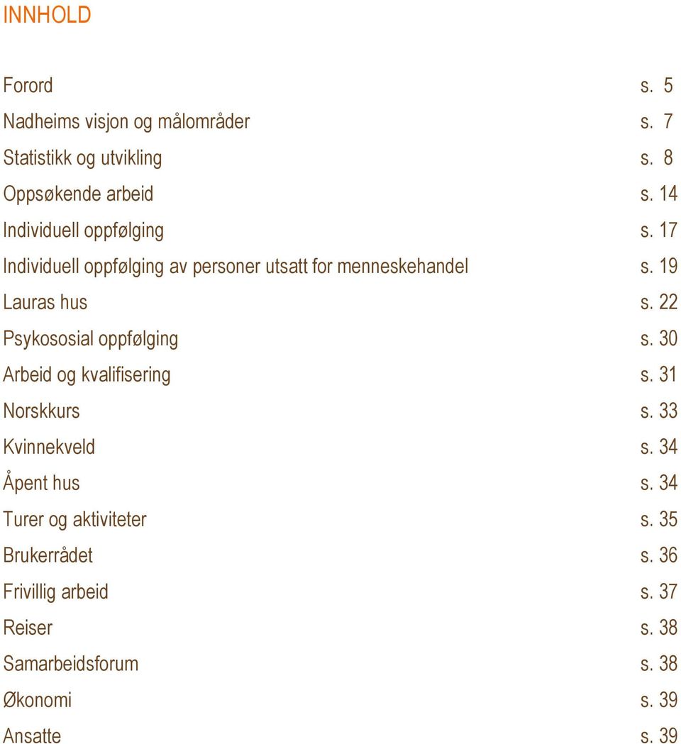 22 Psykososial oppfølging s. 30 Arbeid og kvalifisering s. 31 Norskkurs s. 33 Kvinnekveld s. 34 Åpent hus s.