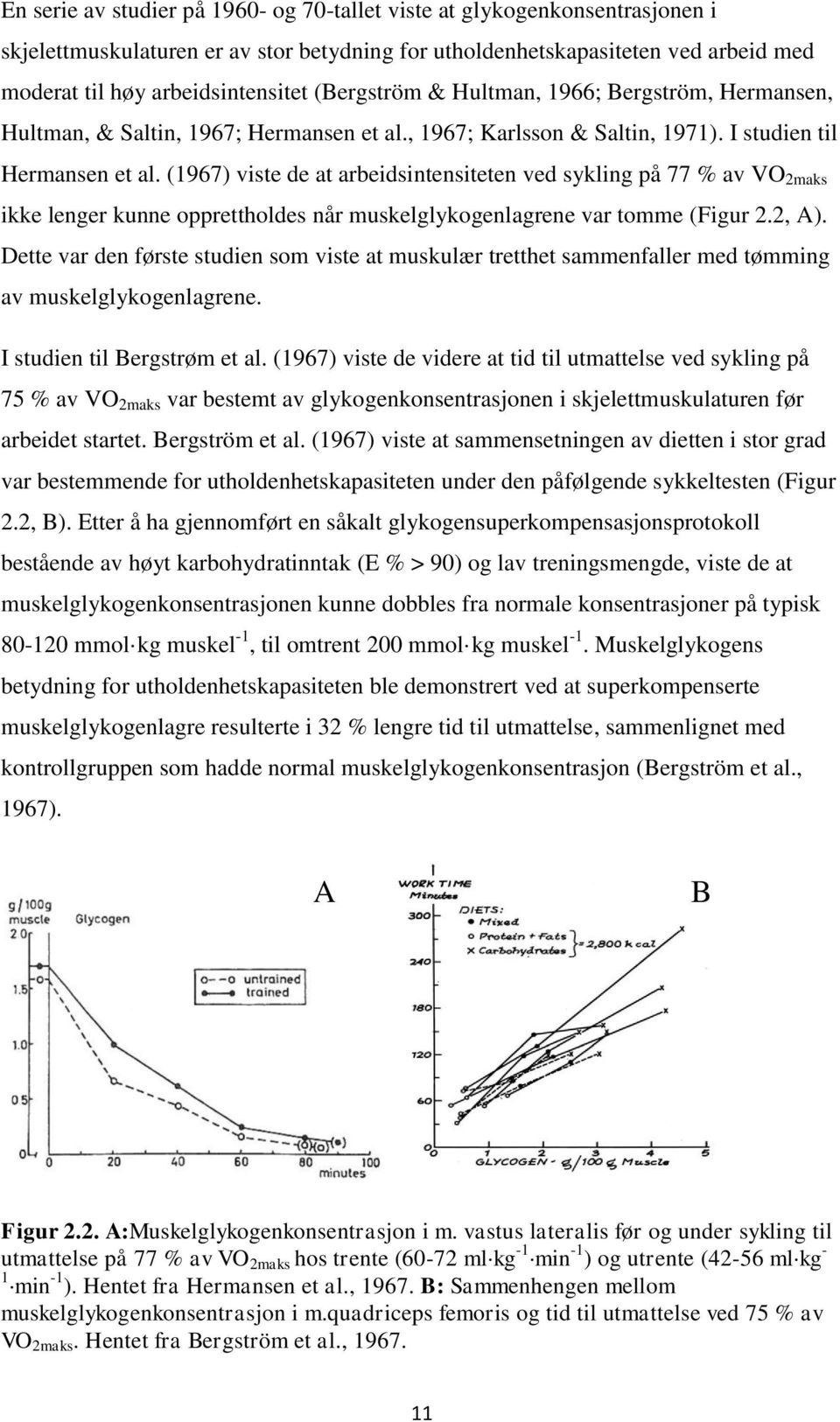 (1967) viste de at arbeidsintensiteten ved sykling på 77 % av VO 2maks ikke lenger kunne opprettholdes når muskelglykogenlagrene var tomme (Figur 2.2, A).