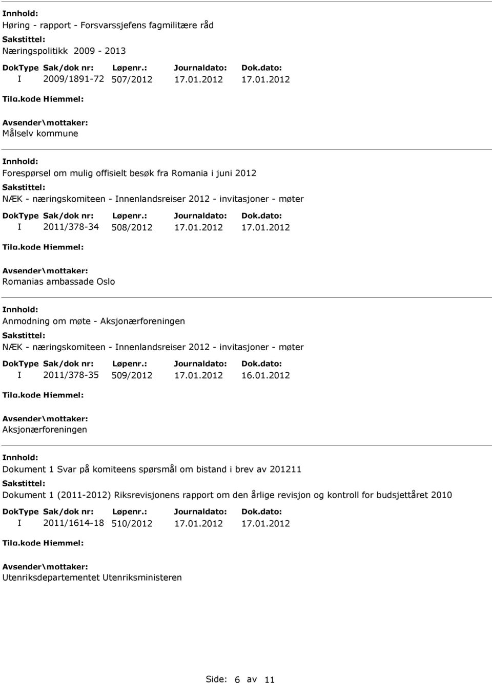 næringskomiteen - nnenlandsreiser 2012 - invitasjoner - møter 2011/378-35 509/2012 Aksjonærforeningen Dokument 1 Svar på komiteens spørsmål om bistand i brev av 201211