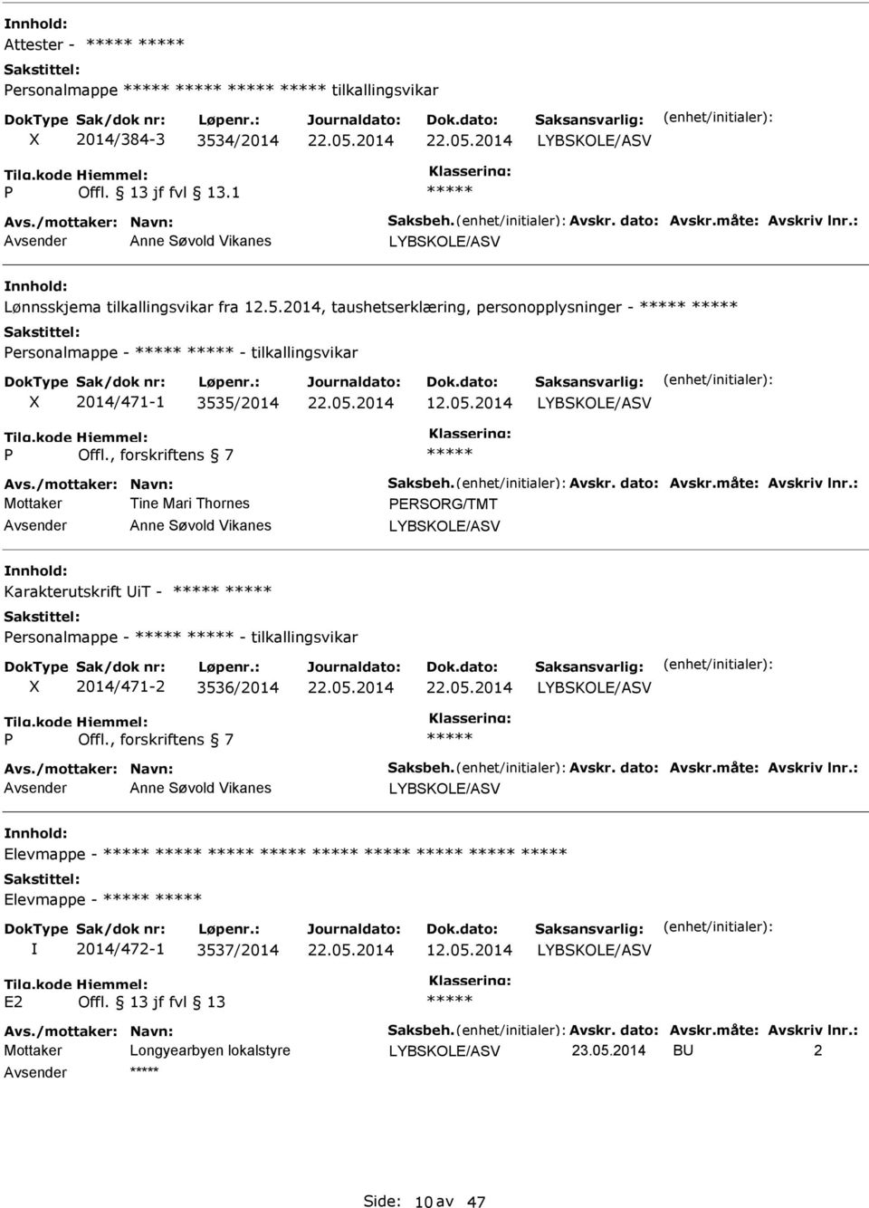 : Tine Mari Thornes PERSORG/TMT Anne Søvold Vikanes Karakterutskrift it - Personalmappe - - tilkallingsvikar 2014/471-2 3536/2014 P Offl., forskriftens 7 Avs./mottaker: Navn: Saksbeh. Avskr.