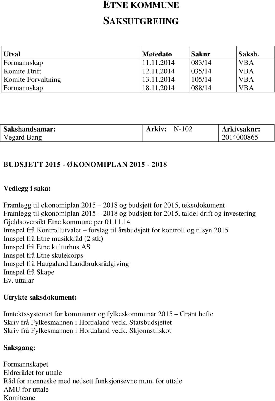 BUDSJETT 2015 - ØKONOMIPLAN 2015-2018 Vedlegg i saka: Framlegg til økonomiplan 2015 2018 og budsjett for 2015, tekstdokument Framlegg til økonomiplan 2015 2018 og budsjett for 2015, taldel drift og