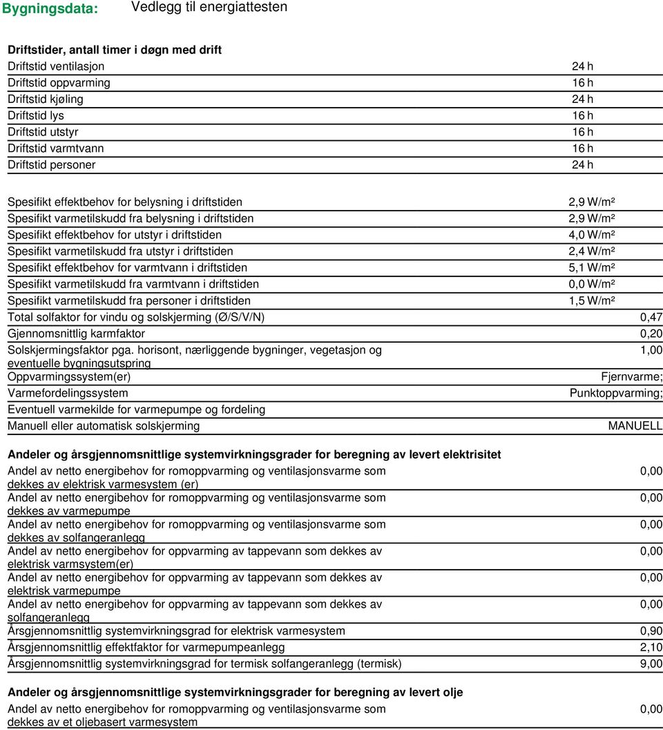 W/m² Spesifikt varmetilskudd fra utstyr i driftstiden 2,4 W/m² Spesifikt effektbehov for varmtvann i driftstiden 5,1 W/m² Spesifikt varmetilskudd fra varmtvann i driftstiden 0,0 W/m² Spesifikt