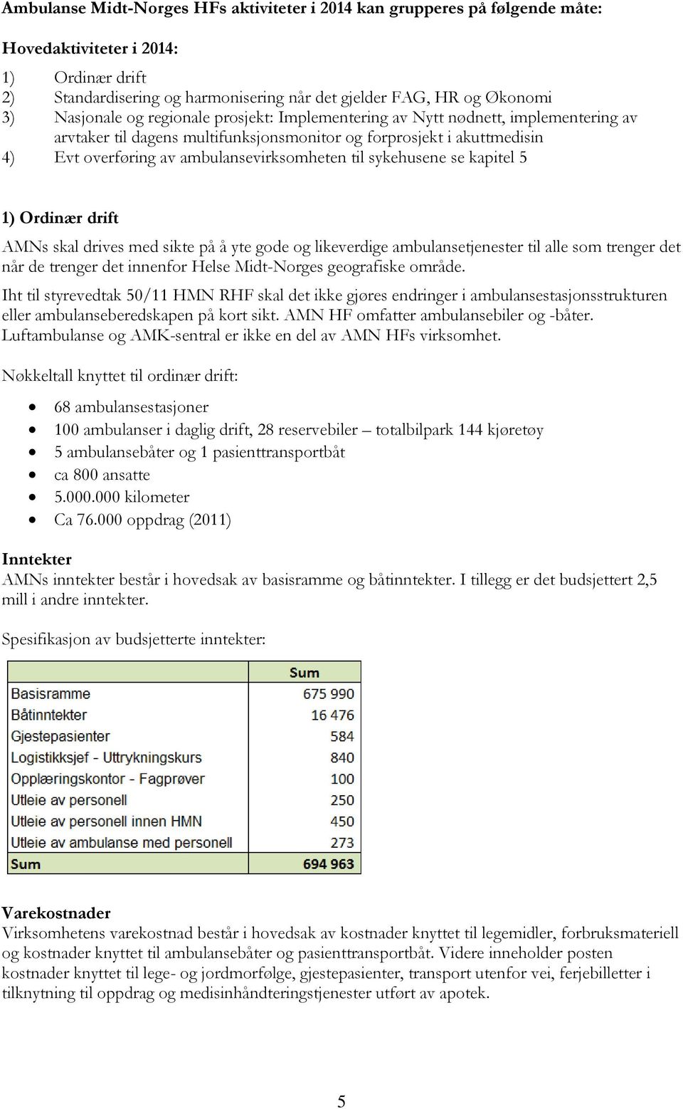 til sykehusene se kapitel 5 1) Ordinær drift AMNs skal drives med sikte på å yte gode og likeverdige ambulansetjenester til alle som trenger det når de trenger det innenfor Helse Midt-Norges