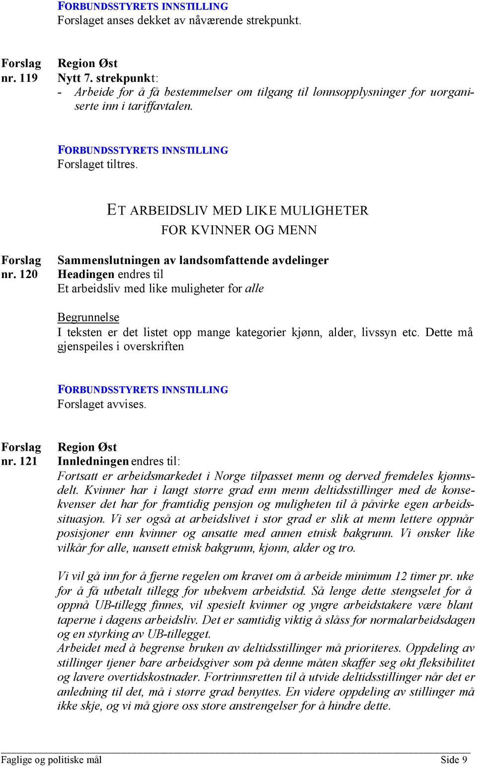 120 Sammenslutningen av landsomfattende avdelinger Headingen endres til Et arbeidsliv med like muligheter for alle I teksten er det listet opp mange kategorier kjønn, alder, livssyn etc.