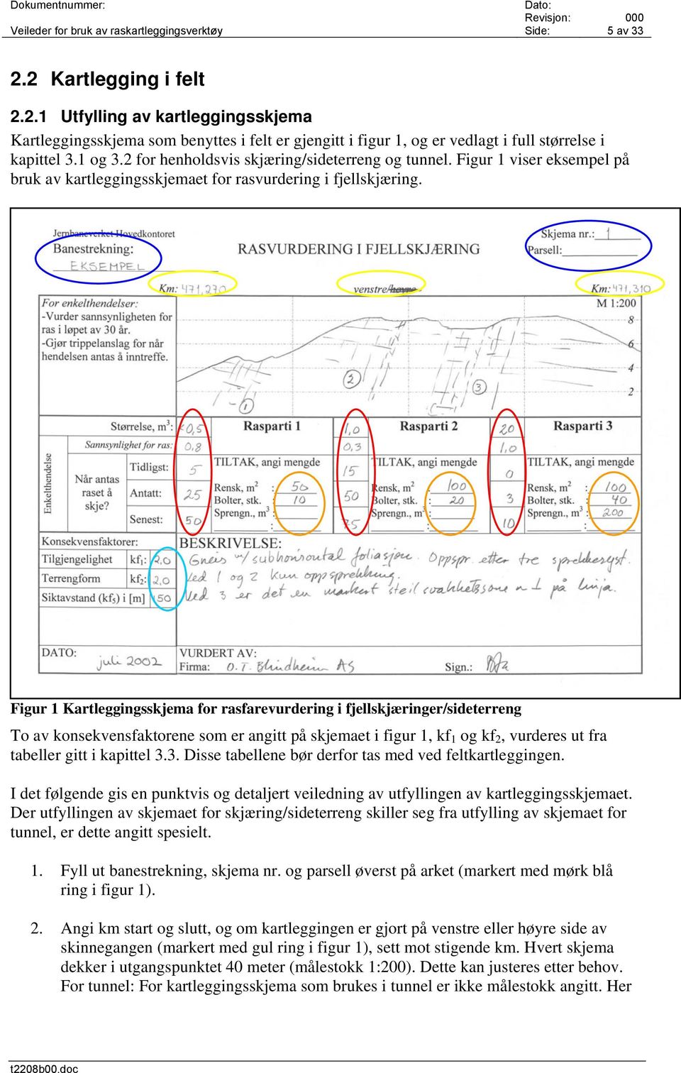 Figur 1 Kartleggingsskjema for rasfarevurdering i fjellskjæringer/sideterreng To av konsekvensfaktorene som er angitt på skjemaet i figur 1, kf 1 og kf 2, vurderes ut fra tabeller gitt i kapittel 3.
