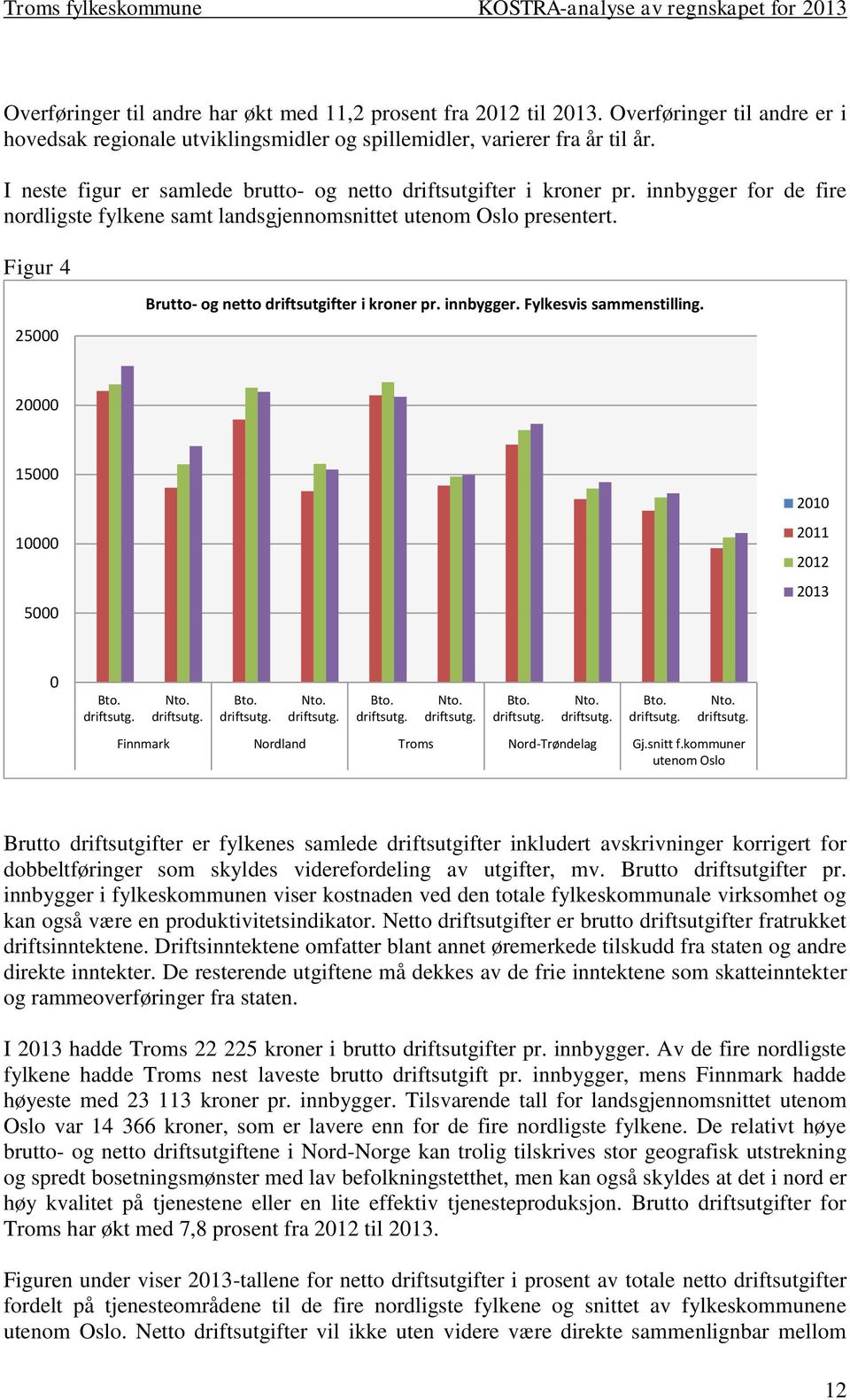 innbygger for de fire nordligste fylkene samt landsgjennomsnittet utenom Oslo presentert. Figur 4 25 Brutto- og netto driftsutgifter i kroner pr. innbygger. Fylkesvis sammenstilling.