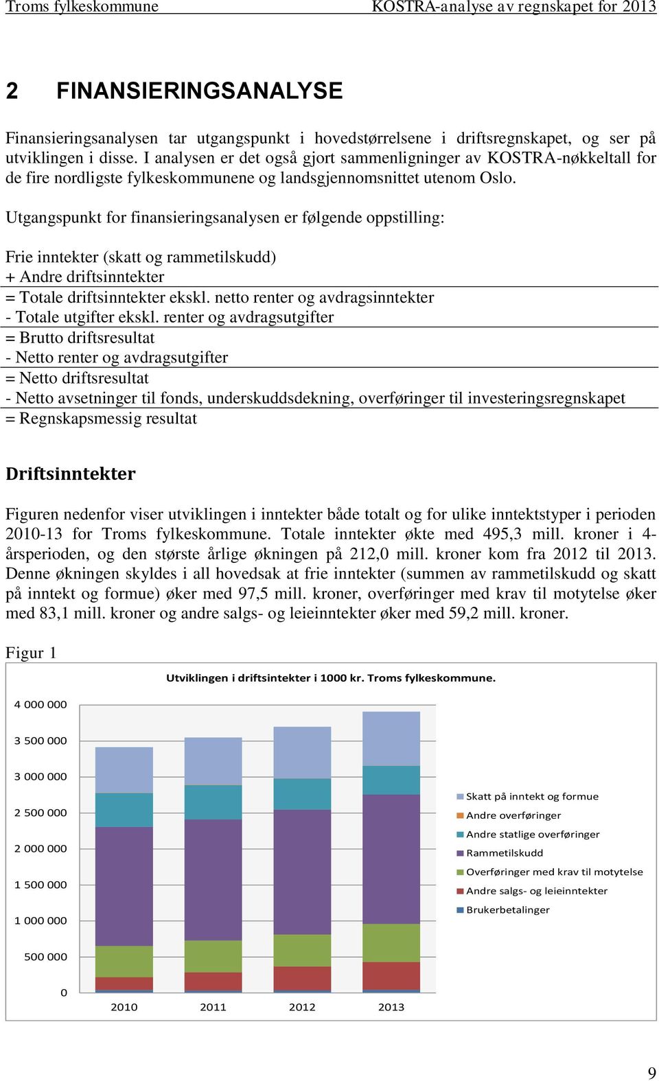 Utgangspunkt for finansieringsanalysen er følgende oppstilling: Frie inntekter (skatt og rammetilskudd) + Andre driftsinntekter = Totale driftsinntekter ekskl.