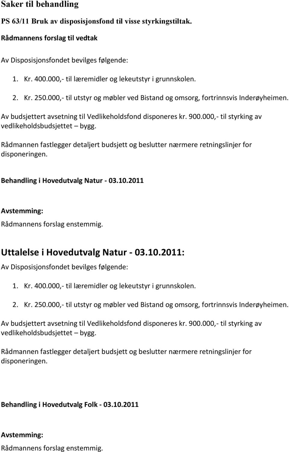 Behandling i Hovedutvalg Natur - 03.10.2011 Rådmannens forslag enstemmig. Uttalelse i Hovedutvalg Natur - 03.10.2011: 1. Kr. 400.