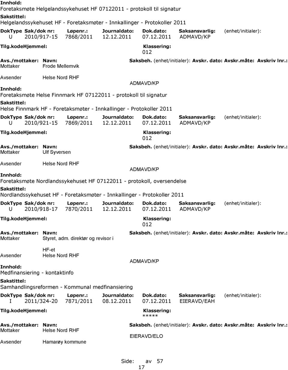 12.2011 07.12.2011 ADMAVD/KP Frode Mellemvik 012 ADMAVD/KP Foretaksmøte Helse Finnmark HF 07122011 - protokoll til signatur Helse Finnmark HF - Foretaksmøter - Innkallinger - Protokoller 2011 U