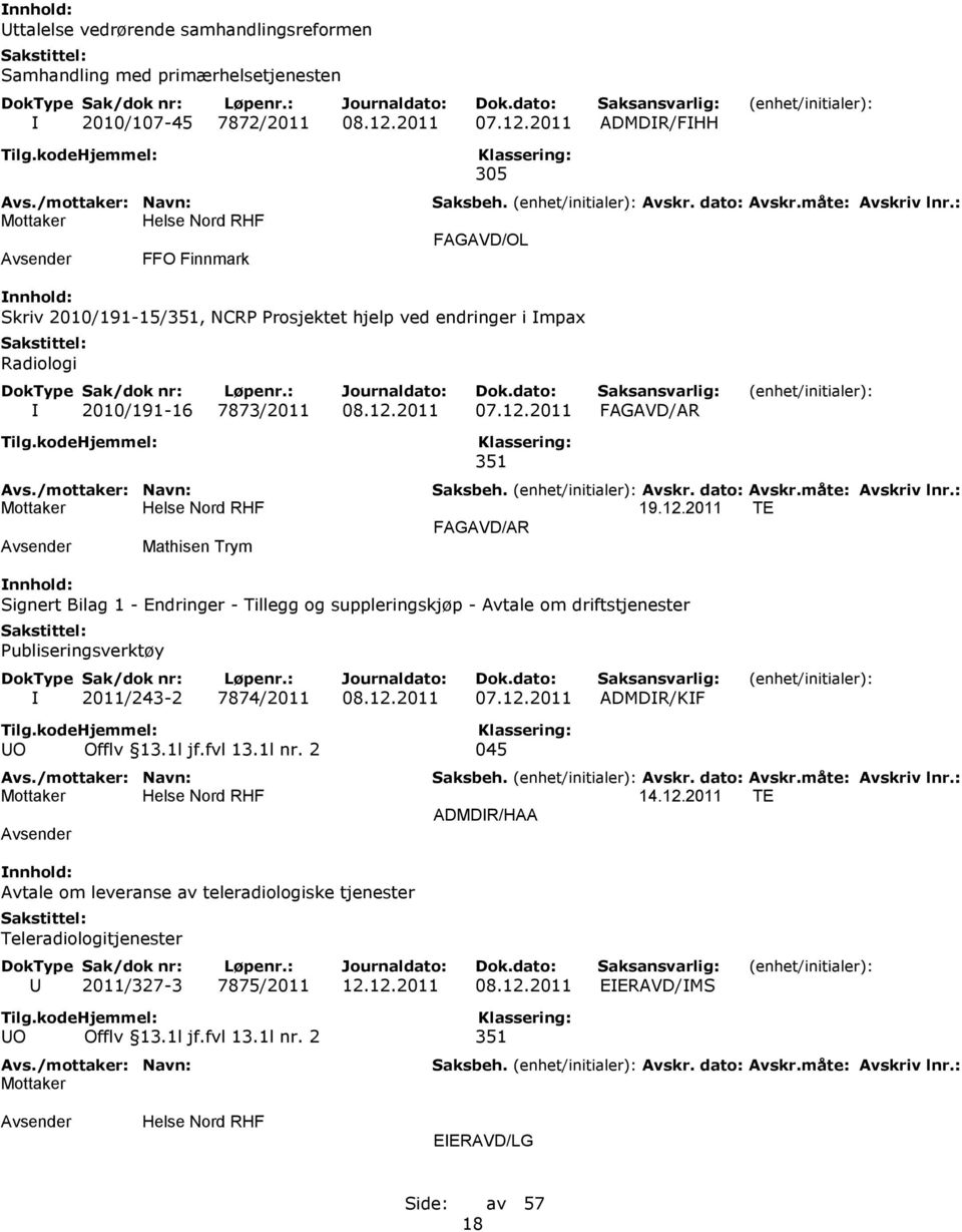 12.2011 TE FAGAVD/AR Mathisen Trym Signert Bilag 1 - Endringer - Tillegg og suppleringskjøp - Avtale om driftstjenester Publiseringsverktøy I 2011/243-2 7874/2011 08.12.2011 07.12.2011 ADMDIR/KIF UO Offlv 13.