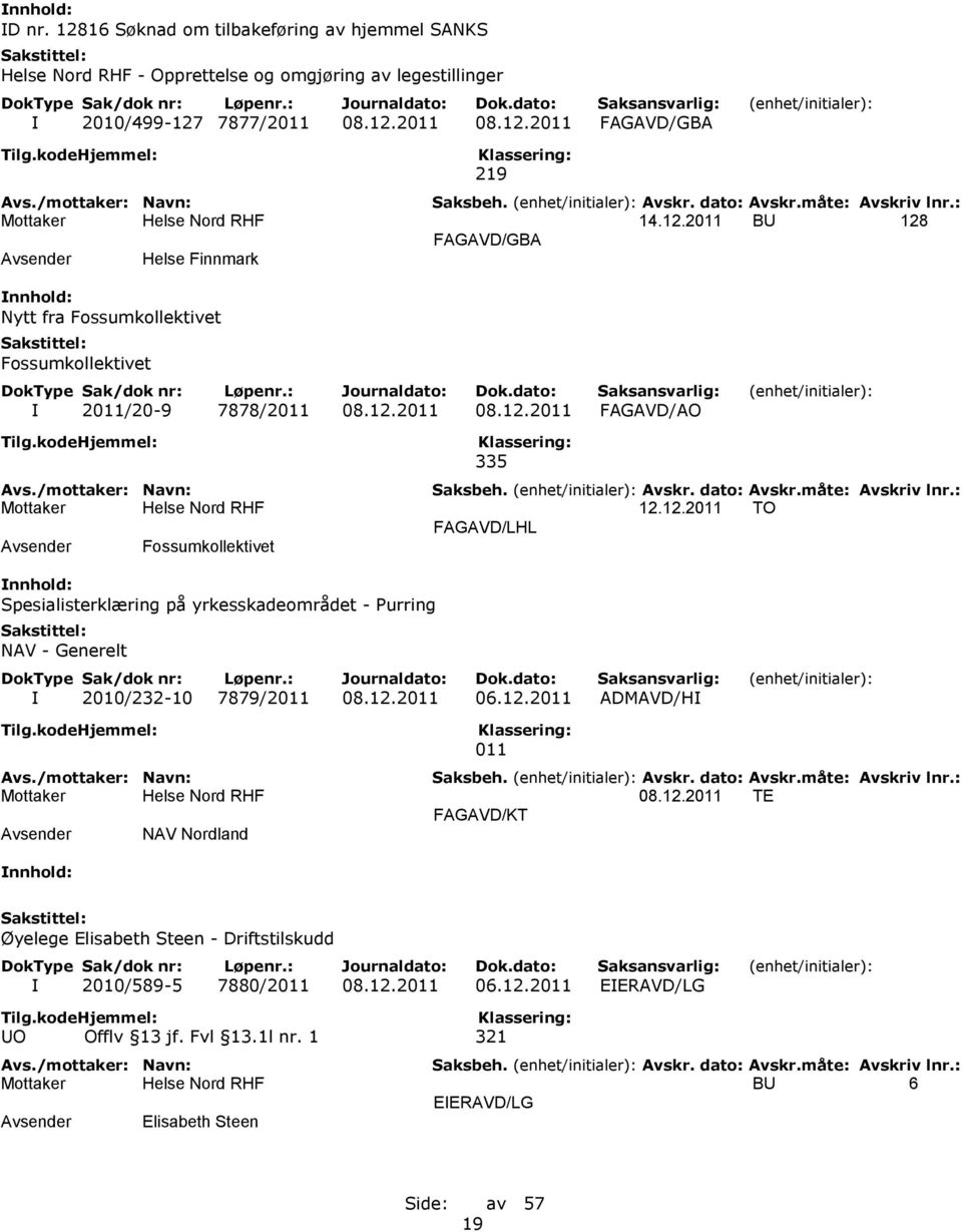12.2011 06.12.2011 ADMAVD/HI 011 08.12.2011 TE FAGAVD/KT NAV Nordland Øyelege Elisabeth Steen - Driftstilskudd I 2010/589-5 7880/2011 08.12.2011 06.12.2011 EIERAVD/LG UO Offlv 13 jf.