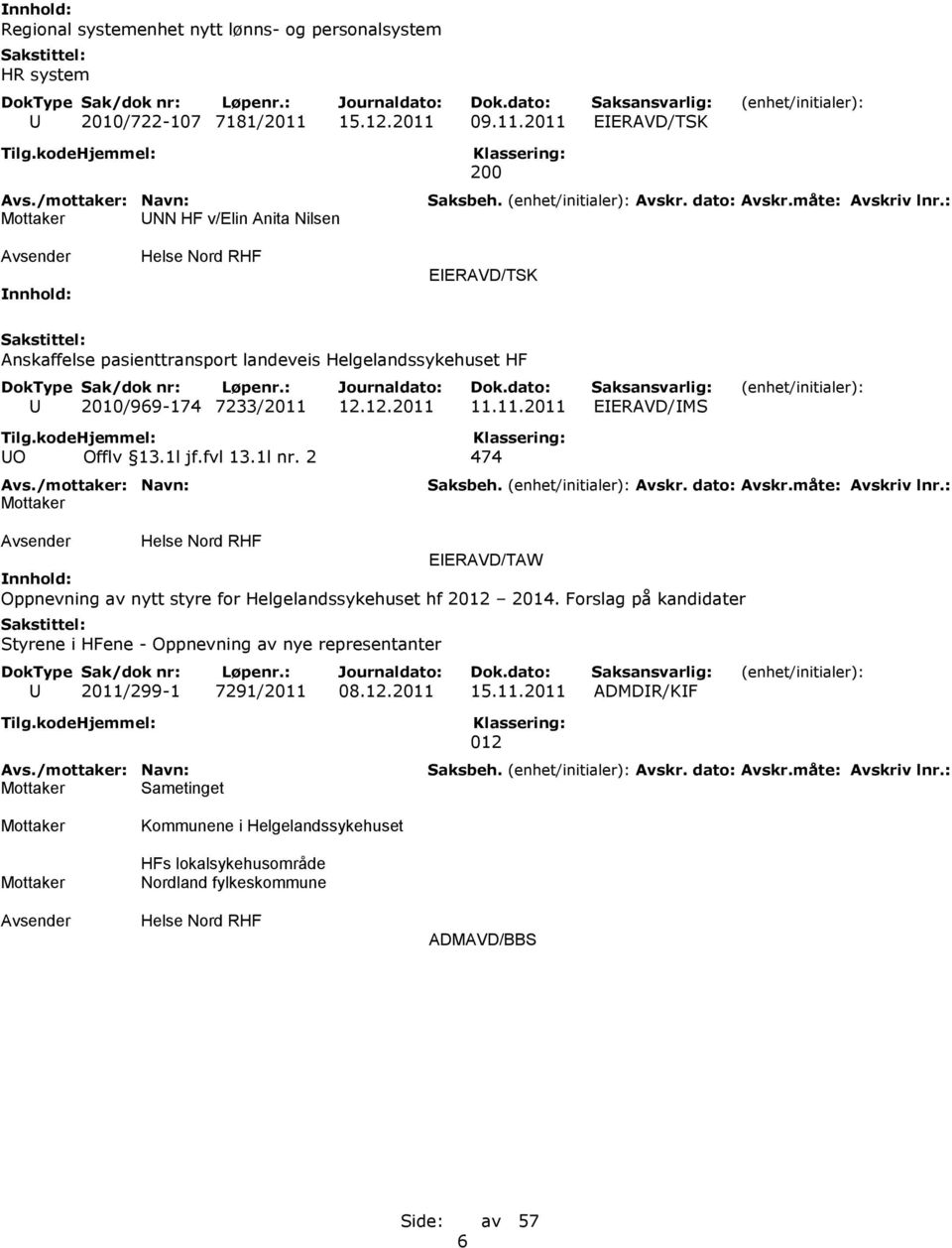 09.11.2011 EIERAVD/TSK UNN HF v/elin Anita Nilsen 200 EIERAVD/TSK Anskaffelse pasienttransport landeveis Helgelandssykehuset HF U 2010/969-174 7233/2011 12.