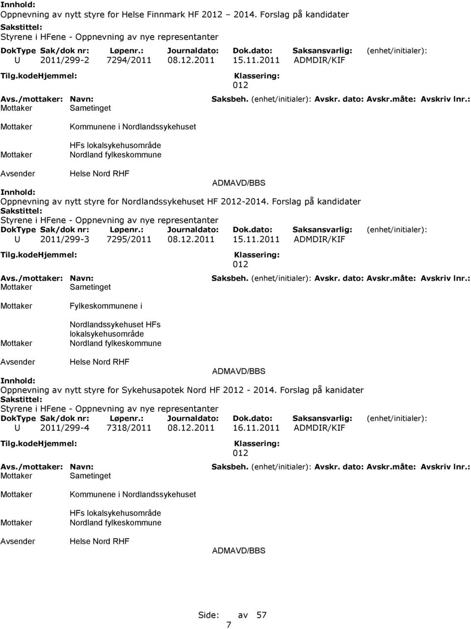 Forslag på kandidater Styrene i HFene - Oppnevning av nye representanter U 2011/