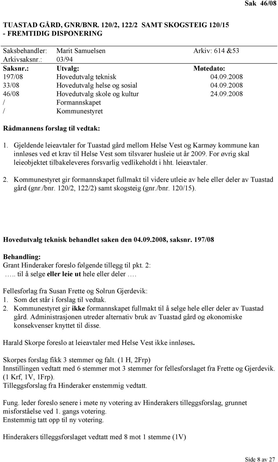 Gjeldende leieavtaler for Tuastad gård mellom Helse Vest og Karmøy kommune kan innløses ved et krav til Helse Vest som tilsvarer husleie ut år 2009.