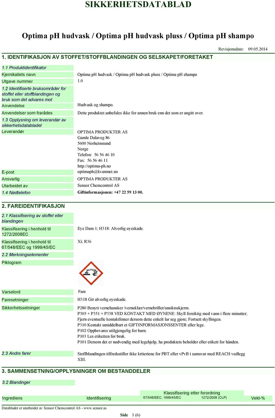 3 Opplysning om leverandør av sikkerhetsdatabladet Leverandør E-post Ansvarlig Utarbeidet av Hudvask og shampo. Dette produktet anbefales ikke for annen bruk enn det som er angitt over.