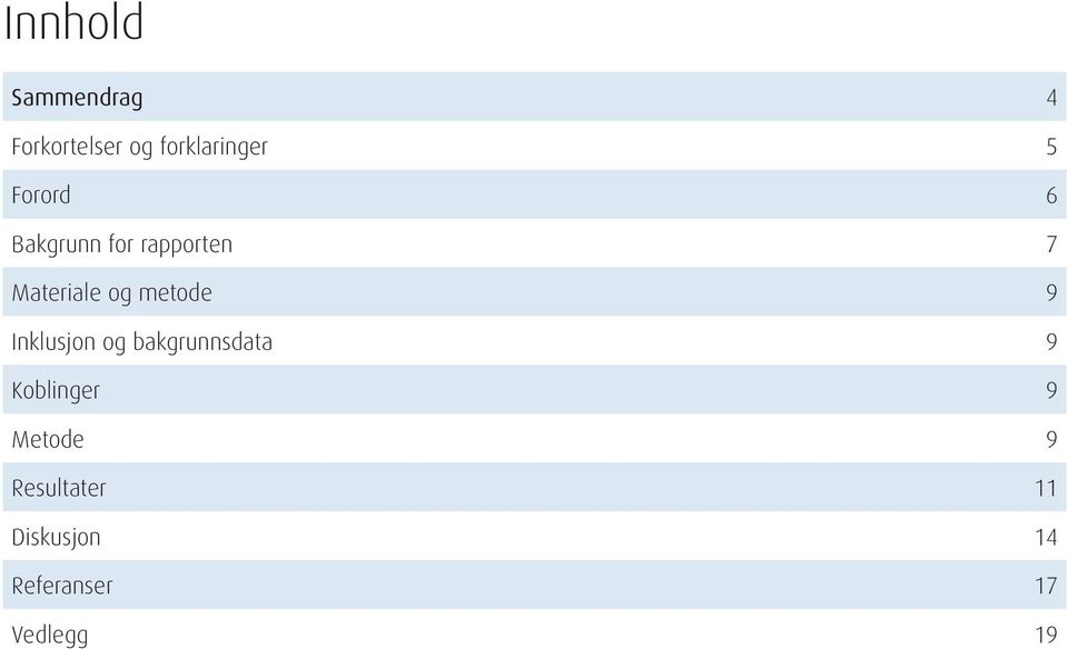 metode 9 Inklusjon og bakgrunnsdata 9 Koblinger 9