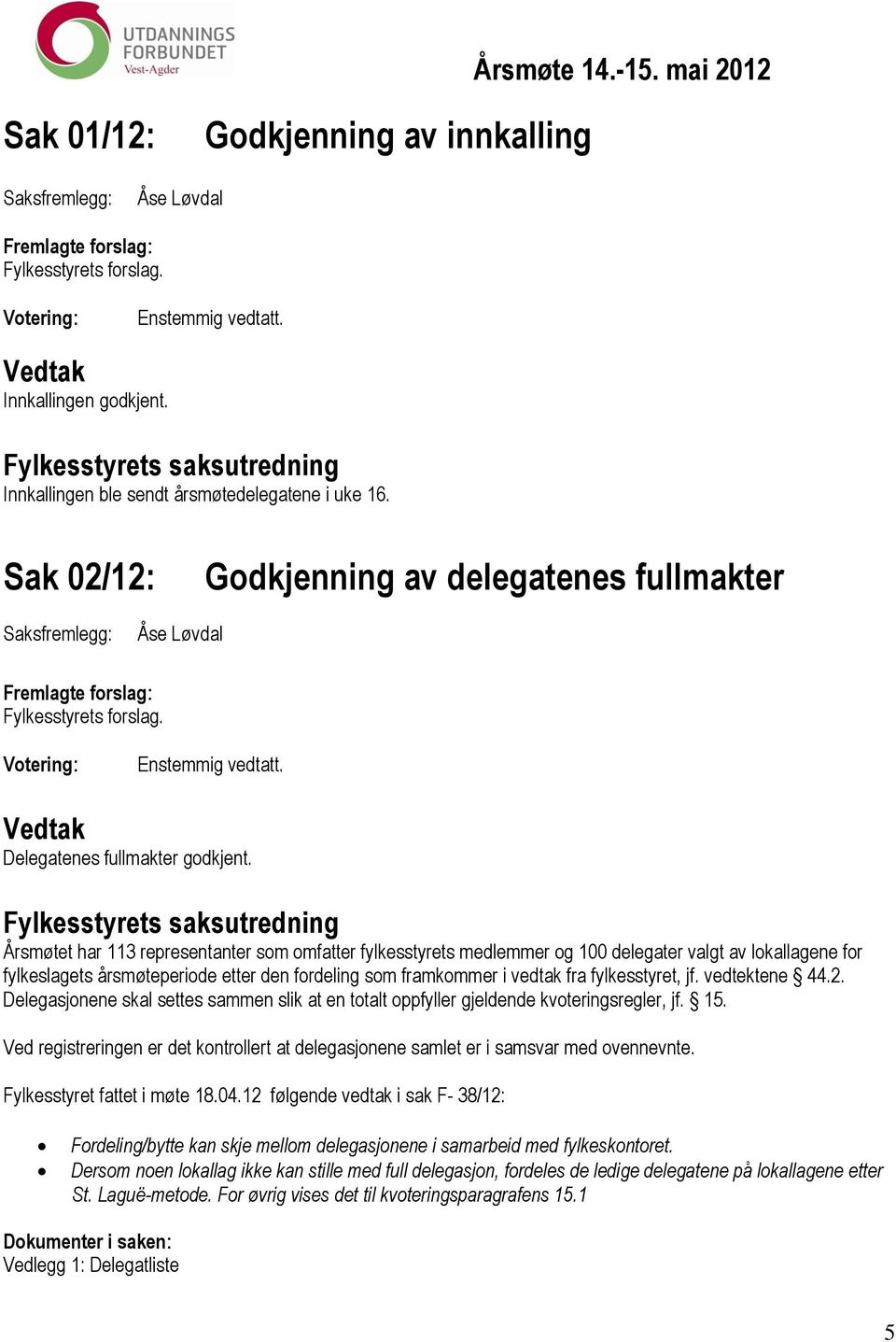 Votering: Enstemmig vedtatt. Vedtak Delegatenes fullmakter godkjent.